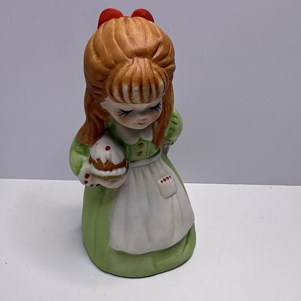 Vintage 1981 House Of Lloyd Porcelain Bisque Girl Bell Green Dress 4 3/8" Tall